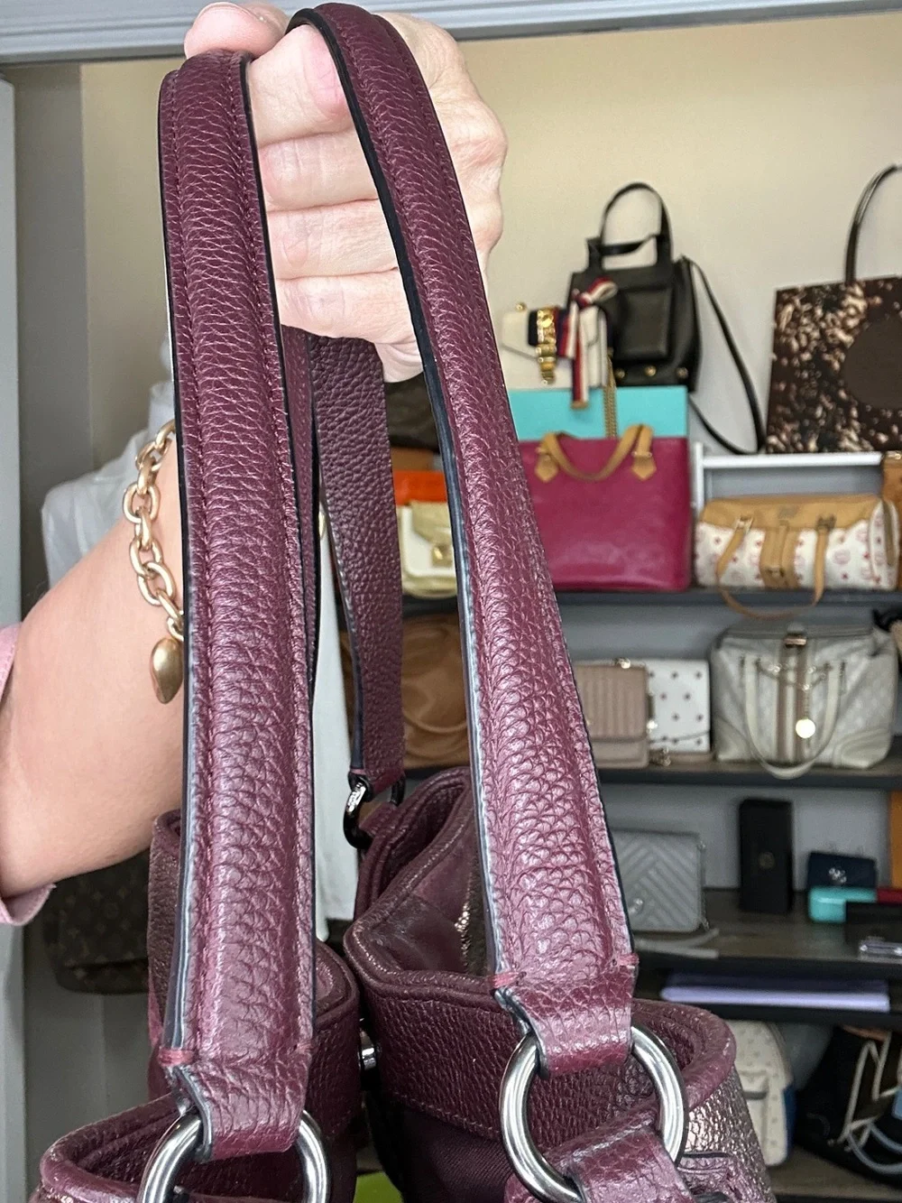 Coach Patchwork Suede & Leather Hobo Shoulder Bag 2016 Burgundy Metallic - Picture 10 of 13
